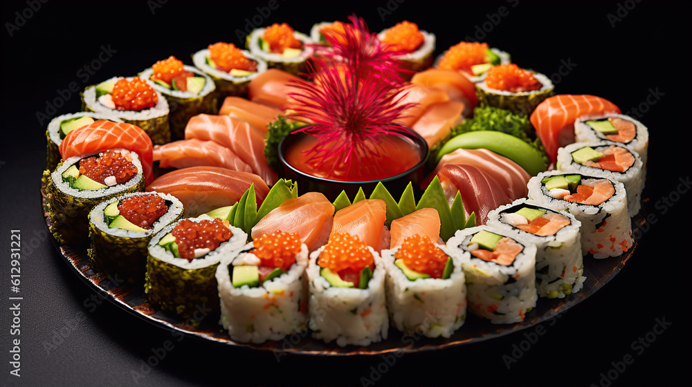 Sushi menu. Roll with salmon, avocado, cucumber. Japanese food. Created with Generative AI Sushi menu. Roll with salmon, avocado, cucumber. Japanese food. Created with Generative AI
