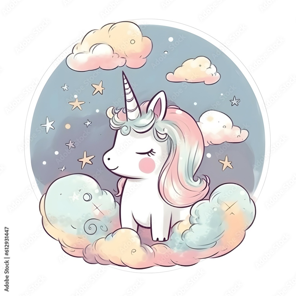 stiker unicornio bebe, colores pastel, en una nube, dibujo, fantasia 4k ...