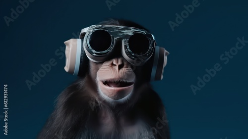 Funny monkey wearing vr in front of blue studio background. Generative AI