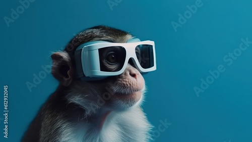 Funny monkey wearing vr in front of blue studio background. Generative AI © Unionproject