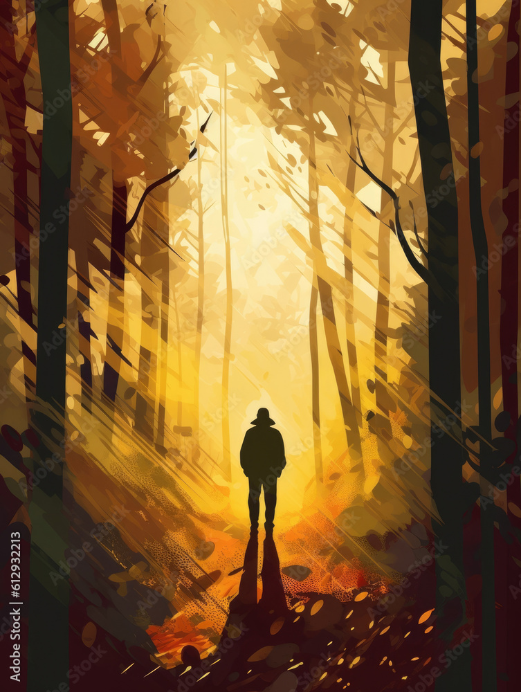 A person walking in a thicket of trees illuminated by a beam of sunlight from above. Psychology art concept. AI generation
