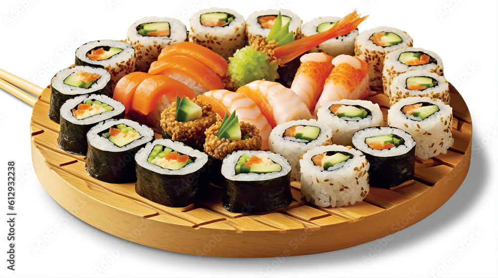 Sushi menu. Roll with salmon, avocado, cucumber. Japanese food. Created with Generative AI Sushi menu. Roll with salmon, avocado, cucumber. Japanese food. Created with Generative AI
