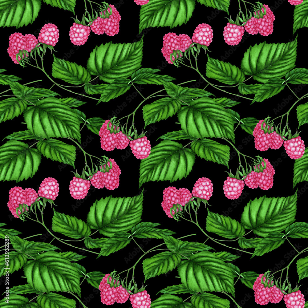Seamless pattern of raspberry leaves and berries. Watercolor pattern on a black background. Seamless pattern of raspberry leaves and berries. Watercolor pattern on a black background.