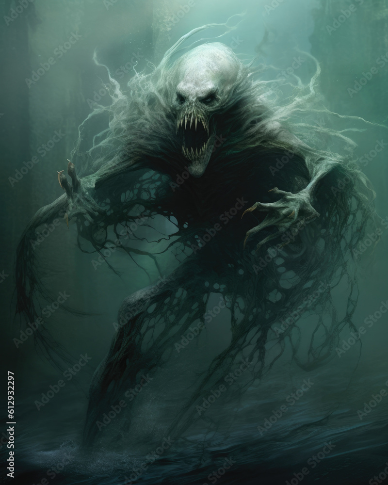 An ancient wraith crawls from the depths of the sea a ghostly creature with long claws Fantasy art concept. AI generation - obrazy, fototapety, plakaty 
