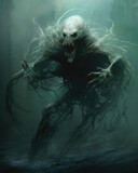 An ancient wraith crawls from the depths of the sea a ghostly creature with long claws Fantasy art concept. AI generation