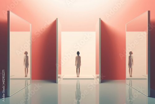 A person is standing in a room filled with mirrors representing a sense of self and the different perspectives Psychology art concept. AI generation photo