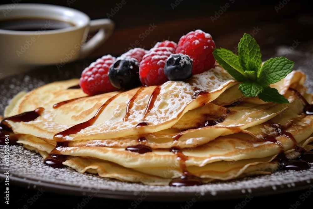Plate with tasty thin pancakes or crepes on kitchen table, AI Generative Plate with tasty thin pancakes or crepes on kitchen table, AI Generative