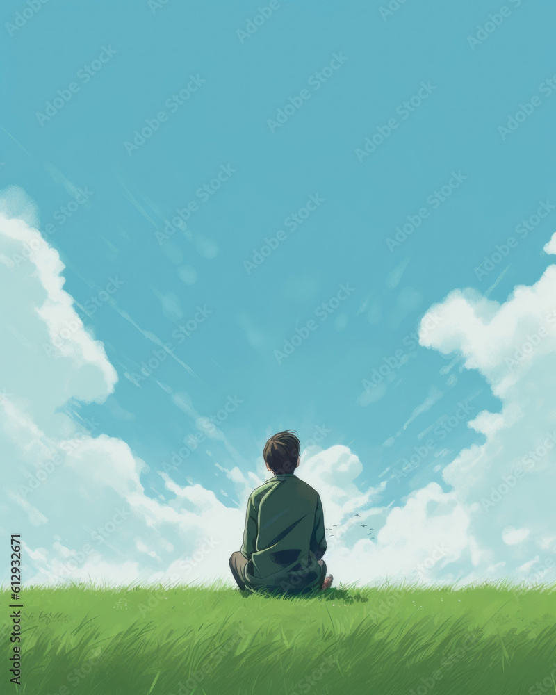A person kneeling in the grass looking up towards the sky with appreciation. Psychology art concept. AI generation A person kneeling in the grass looking up towards the sky with appreciation. Psychology art concept. AI generation