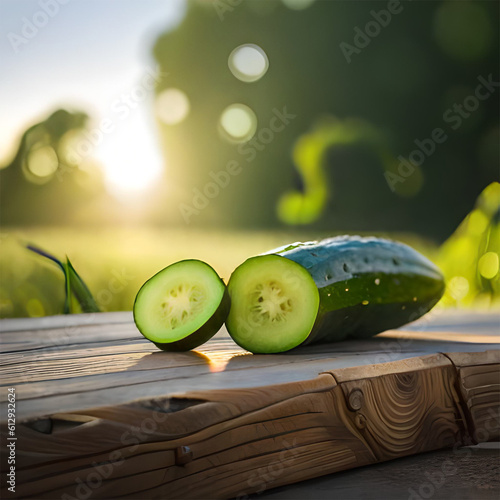 Cucumber on plank in background field, created with Generative AI technology