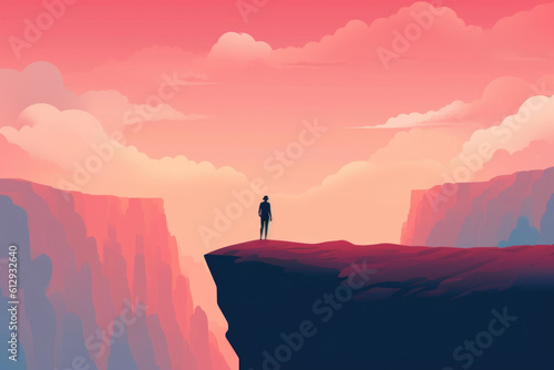 A person standing at the edge of a cliff looking out with a sense of awe and wonder. Psychology art concept. AI generation