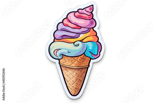 Ice Cream Cone Sticker On White Background. Generative AI
