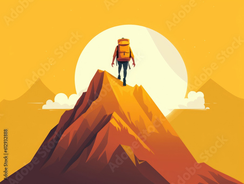 An individual is trying to climb a steep mountain with a heavy backpack symbolising the difficulty of trying Psychology art concept. AI generation