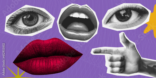 halftone lips mouth eyes hand concept design template set collage elements for mixed media in dotted texture vintage pop art style retro