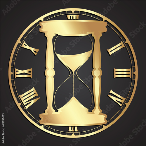 golden sand glass on roman clock /time symbol /silhouette vector illustration