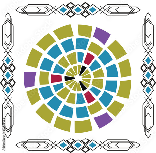 vector abstract square pattern, silk scarf design, fashion textile ornament Bandanna shawl, tablecloth fabric print, silk neck scarf, multi, color, circle  etc.