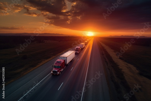 A row of semi trucks at the road in the sunset  transportation and logistics industry  - Generative Ai