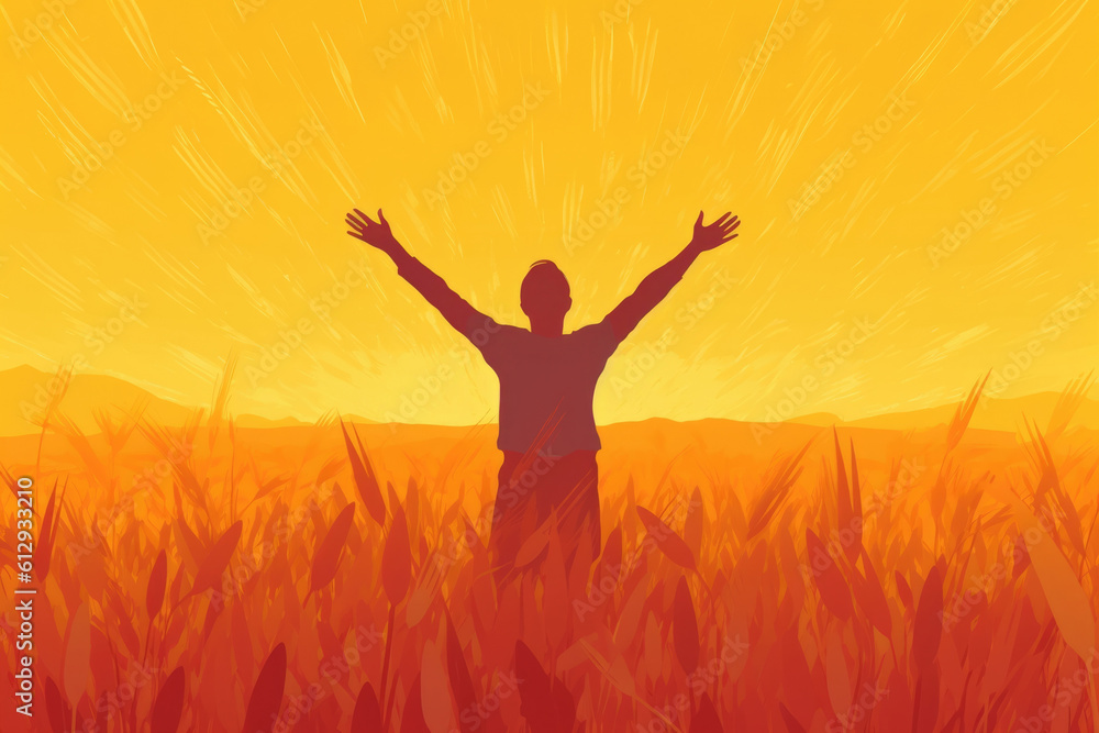 A person standing in a field of ripe wheat their arms reaching up to the sky above. Psychology art concept. AI generation A person standing in a field of ripe wheat their arms reaching up to the sky above. Psychology art concept. AI generation