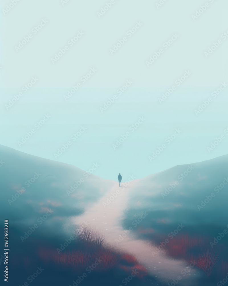 A person in a foggy landscape representing their understanding of the unknown Psychology art concept. AI generation A person in a foggy landscape representing their understanding of the unknown Psychology art concept. AI generation