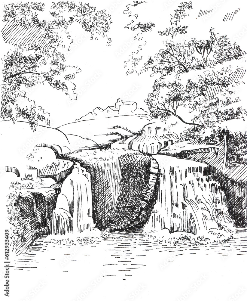 Panorama of countryside landscape with river and waterfall. Pen sketch converted to vector drawing