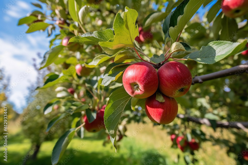 Many apples on the trees mature, close-up. Generative AI Many apples on the trees mature, close-up. Generative AI