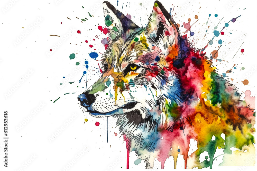 Fototapeta premium a wolf immersed in vibrant watercolor splashes ai generation Generative AI