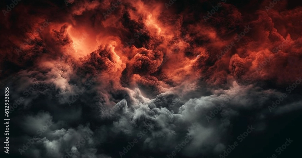 Fiery red and black sky clouds, Thunderclouds. Dramatic sky with heavy clouds. Fantastic, magical, fantasy scene. 