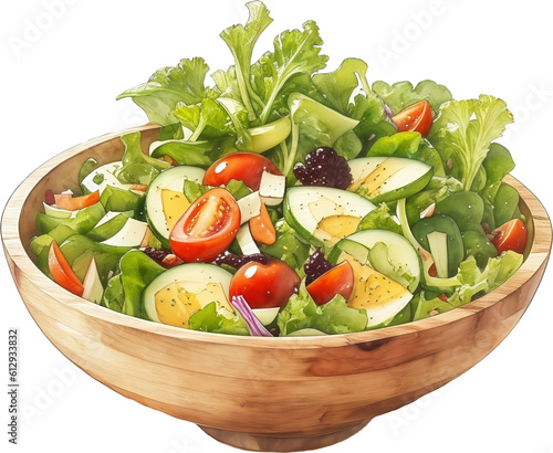 Watercolor illustration vegetable salad in a wood bowl , created with generative AI © BabyQ
