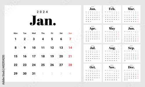Minimalist style monthly calendar template for 2024 year. English calendar. Week starts on Monday. Set of 12 months. Elegant design with big letters, typographic elements on white background