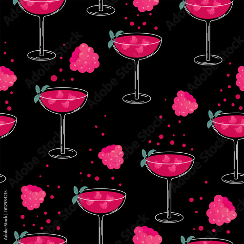 Seamless pattern with alcoholic and non-alcoholic summer cocktails with berries, raspberry, mint. Pink alcoholic drink. Fizzy tropical cocktails on black background. Raspberry mocktail. Vector