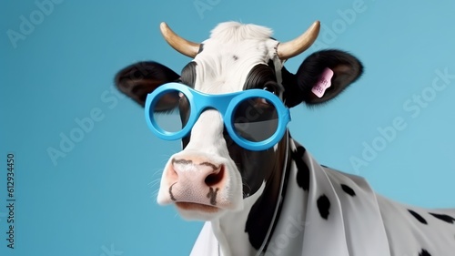 Funny cow with sunglasses in front of blue studio background. Generative AI © Unionproject