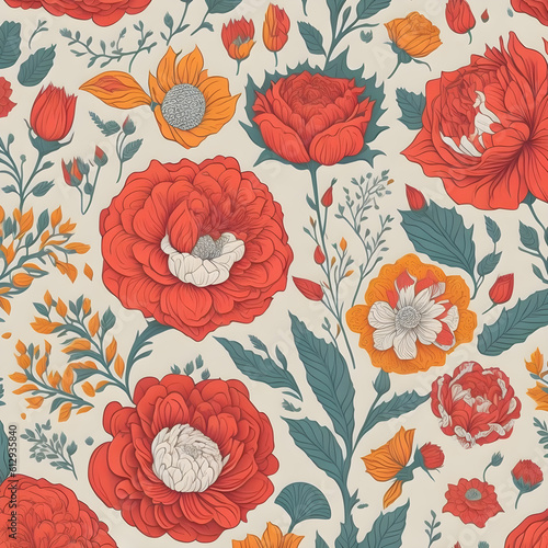 a floral wallpaper with red and orange flowers  arts and crafts movement  repeating pattern  wallpaper  generative ai