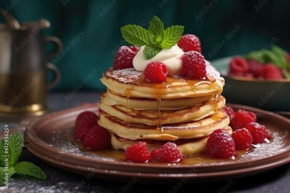 Plate with tasty thin pancakes or crepes on kitchen table, AI Generative Plate with tasty thin pancakes or crepes on kitchen table, AI Generative