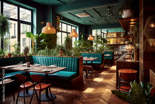 Elegant green interior of restaurant with sleek furniture and flooring.