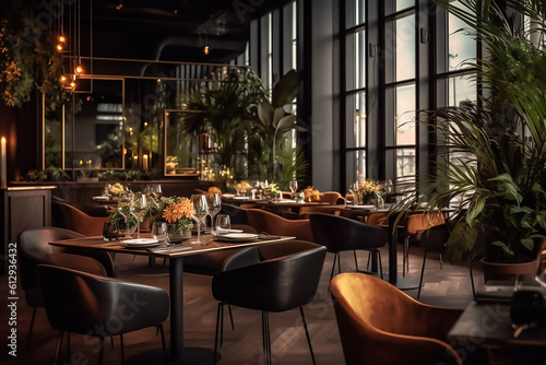 Elegant interior of restaurant with sleek furniture and flooring.