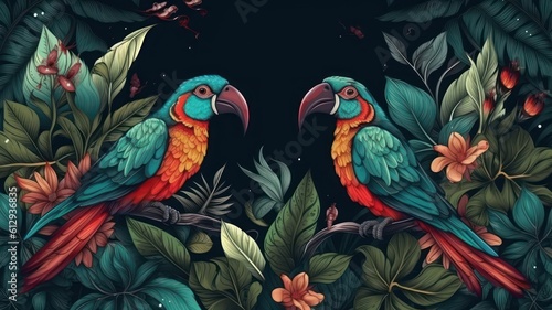 Tropical wallpaper background illustration with plants and birds. Generative AI © Unionproject