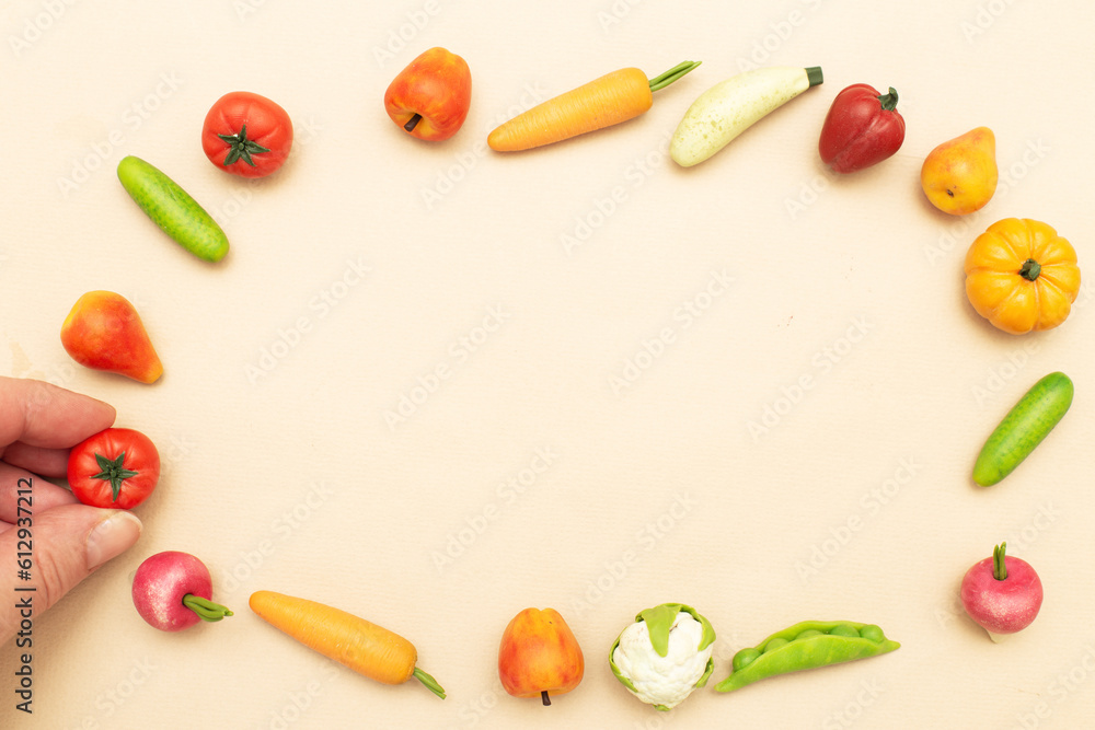 Different healthy food products on a beige background with copy space for text.