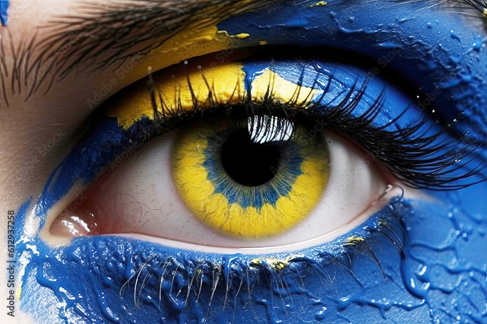 Female eye in yellow-blue paint close-up. Symbol of Ukrainian ...