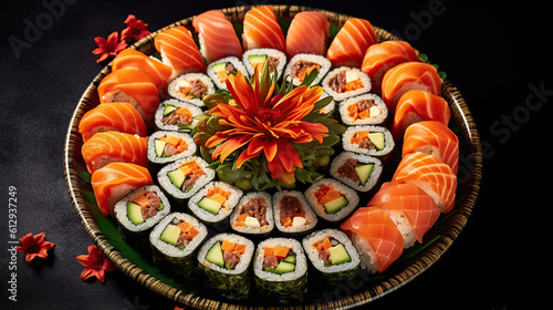 Sushi menu. Roll with salmon, avocado, cucumber. Japanese food. Created with Generative AI