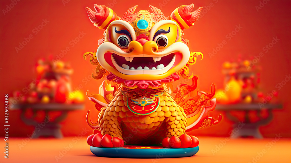 Fototapeta premium Chinese New Year of the Dragon 2024. New Year's poster with a cartoon 3d dragon on the background of a Christmas tree. Vector illustration of a dragon at the Christmas tree with toys. Generative ai