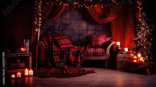 Christmas interior with decorated Christmas trees, sofa, blanket, gifts, candles, pillows, garlands and fireplace. Christmas photo zone. New Year and Christmas decorations in the house. Generative ai.