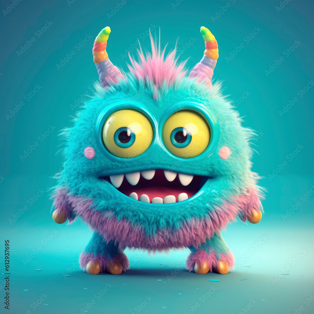 Cartoon funny monster 3d illustration for children. Cute fairytale monster print for clothes, stationery, books, merchandise. Toy monster character banner. Cartoon character 3d monster. Generative ai.