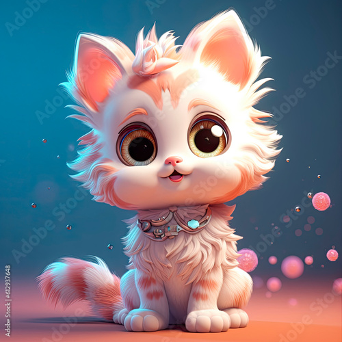 
Cartoon kitten 3d illustration for children. Cute fairytale cat print for clothes, stationery, books, merchandise. Toy kitten 3D character banner, background. Cartoon character 3d cat.