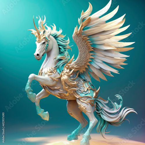 Magic fairy tale character pegasus 3d illustration for children. Magic fairytale pegasus print for clothes  stationery  books  merchandise. Toy Pegasus 3D character banner  background. Generative ai.