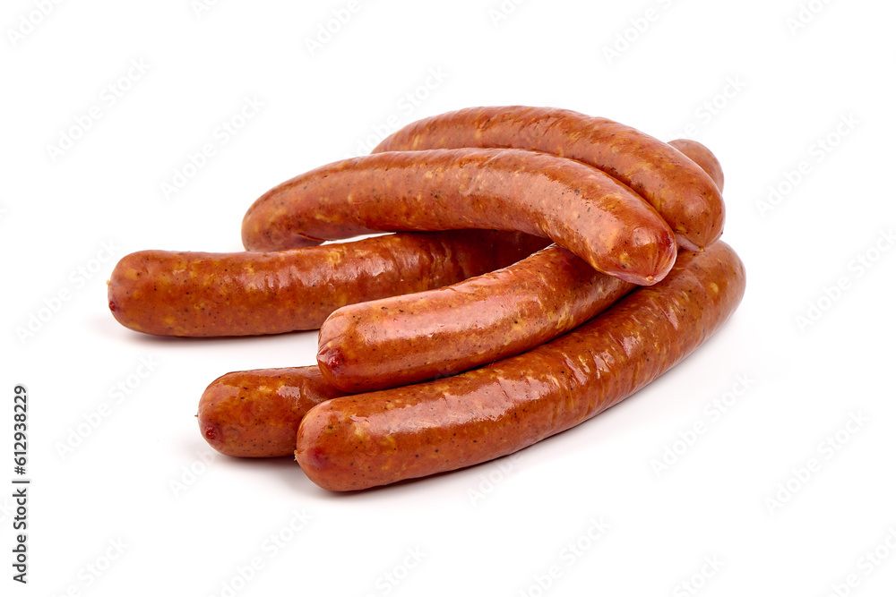 German grilled pork sausages with tomato sauce, close-up, isolated on white background. German grilled pork sausages with tomato sauce, close-up, isolated on white background.