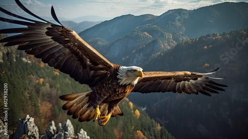 Eagle flying on mountains background. AI generated.