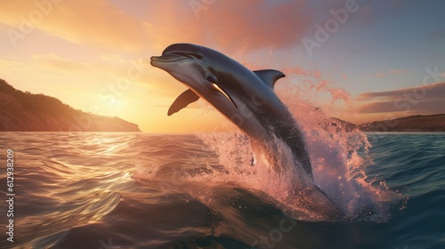 Jumping dolphin on sunset background. AI generated. © Viktor