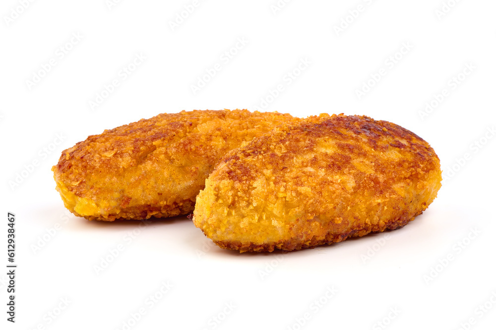 Fried cutlets in bread crumbs, isolated on the white background.