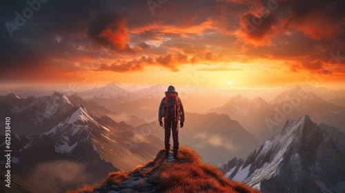 Hiker on top of a mountain on sunset background. AI generated.