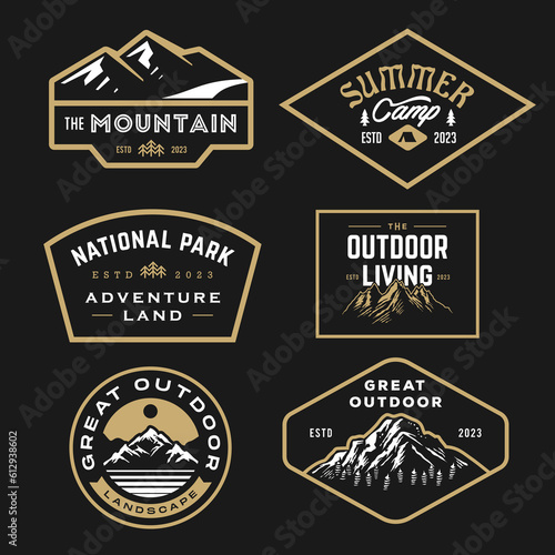 set collection of vintage adventure badge. Camping emblem logo with mountain illustration in retro hipster style. 