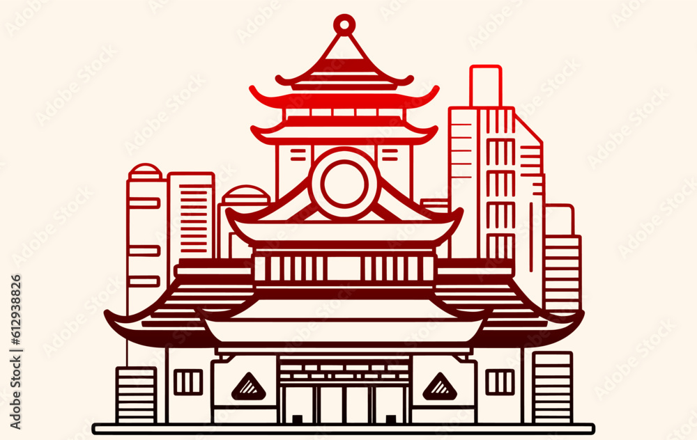 Ux and Ui design panorama,bold line style logo, flat illustration, China city landmark building Ux and Ui design panorama,bold line style logo, flat illustration, China city landmark building
